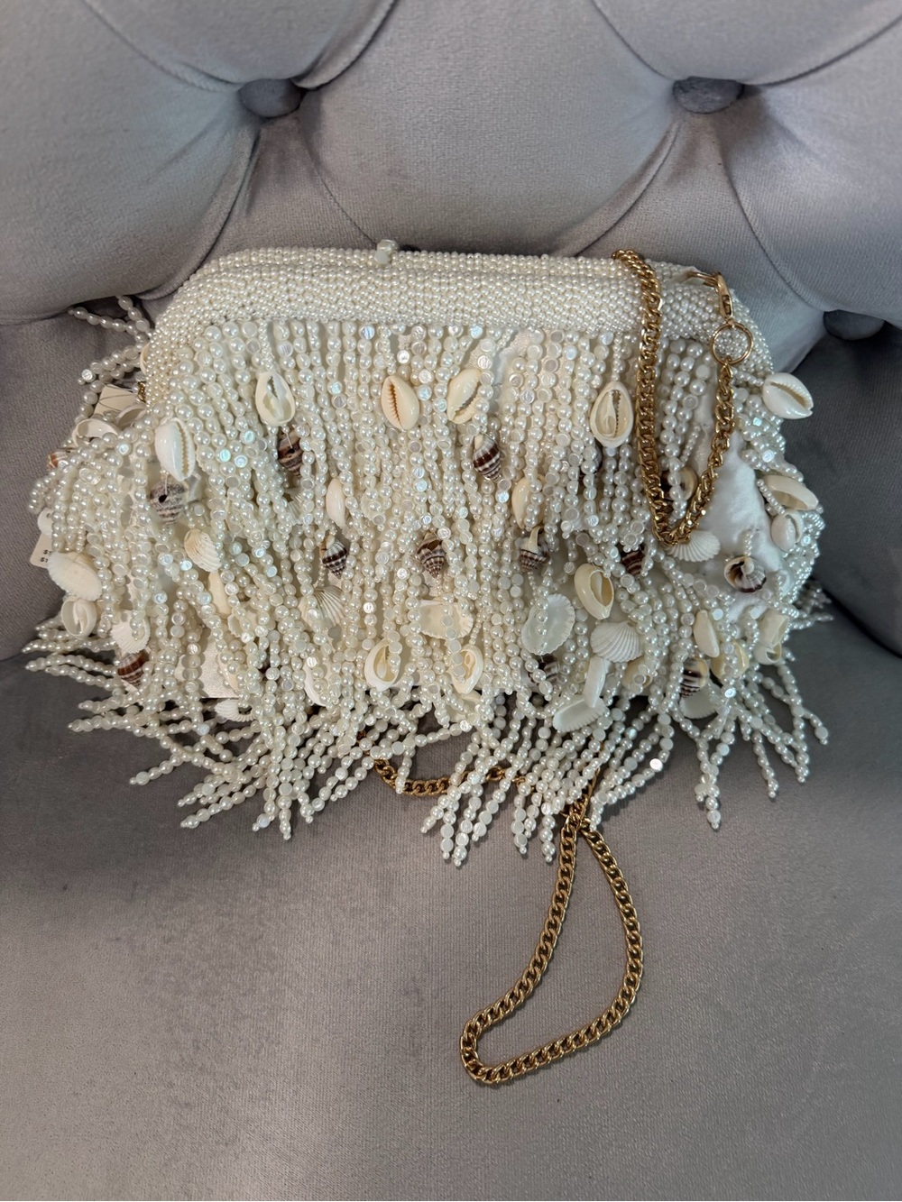 Anthropologie Pearl & Shell Fringe Crossbody Bag - White. BRAND NEW NEVER USED - Picture 2 of 4